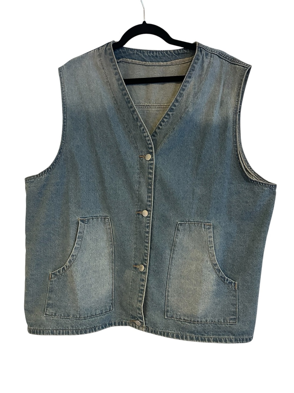Denim Oversized Vest with Front Pockets and Silver Buttons Size 1X